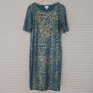 LuLaRoe Emerald and Metallic Gold Julia Knit Dress